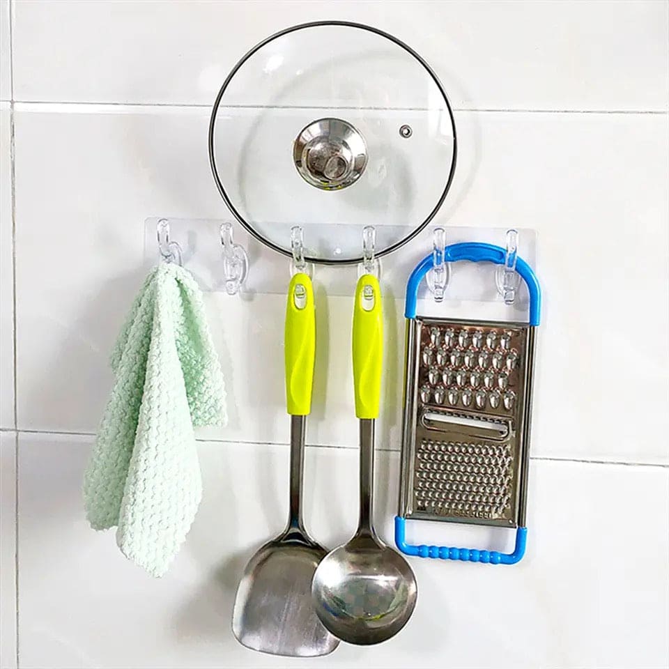 6 Hooks Hanging Sticker, Kitchen Storage Tools, Bathroom Hanger Storage Holder, Non-marking Strong Sticking Hanger